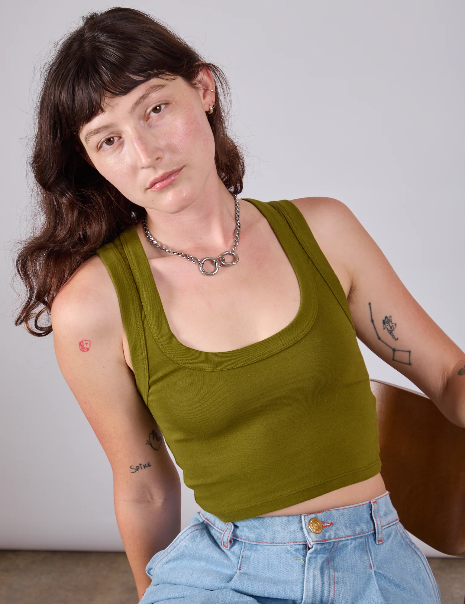 Cropped Tank Top - Olive Green - Image 3